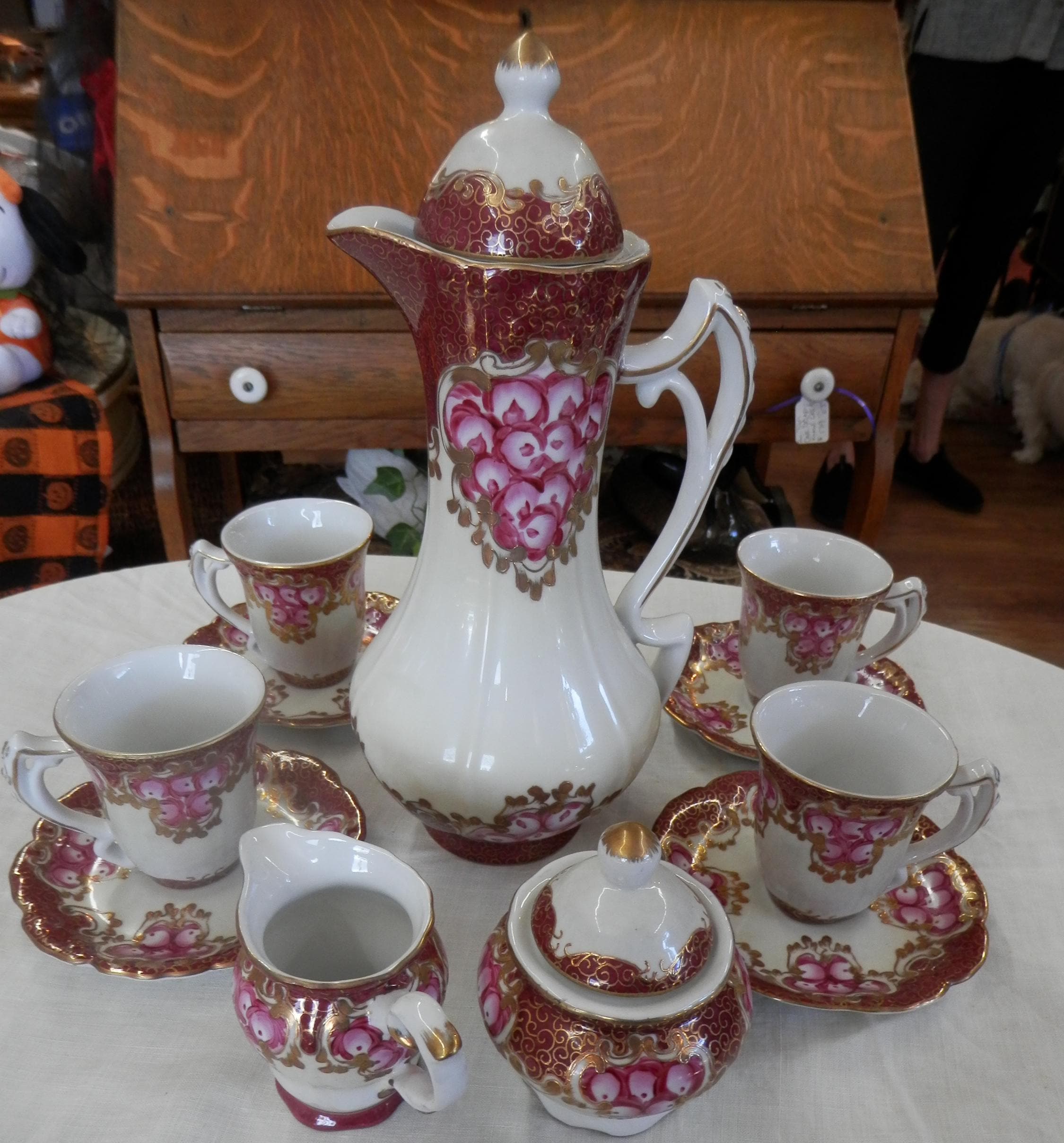 Ensemble Théière Et 6 Tasses Chocolat Royal Rudolstadt - Motif Houx Et Roses Noël - Porcelaine