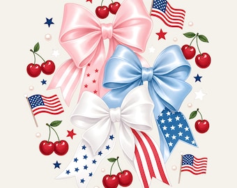 Coquette 4th of July PNG Sublimation Design | Patriotic Bows Cherries Stars American Flag | Feminine July 4th Shirt PNG | Instant Download