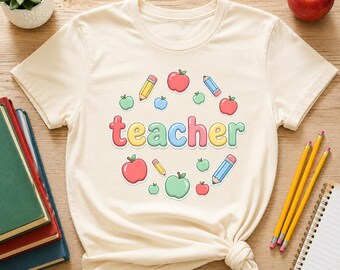 Teacher PNG, Cute Apple Teacher Sublimation Design, Colorful Teacher Shirt PNG, School Teacher Gift, Back to School Clipart Digital Download