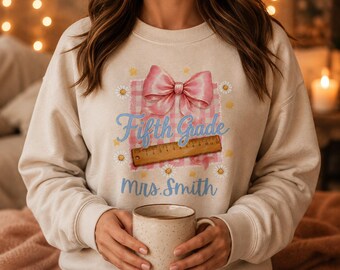 Coquette Fifth Grade Teacher PNG, Pink Bow Gingham Back to School Shirt Design, Editable Teacher Name, First Day of School Sublimation DTF
