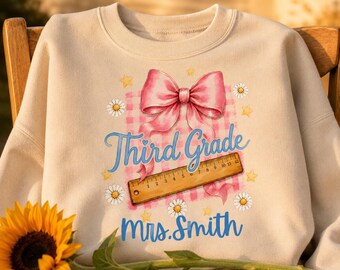 Coquette Third Grade Teacher PNG, Pink Bow Gingham Back to School Shirt Design, Editable Teacher Name, First Day of School Sublimation DTF