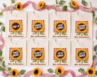 Sunflower Teacher PNG Bundle Personalized Name, Pre-K to 6th Grade Back to School Sublimation, Red Gingham Custom Teacher Shirt Design PNG