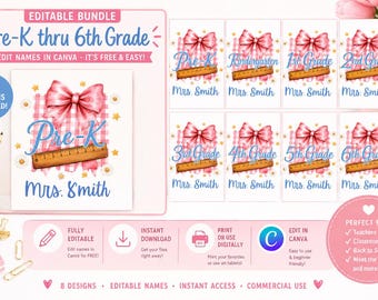 Coquette Teacher PNG Bundle Pre-K to 6th Grade, Pink Bow Gingham Back to School Shirt Design, Editable Teacher Name, First Day Sublimation