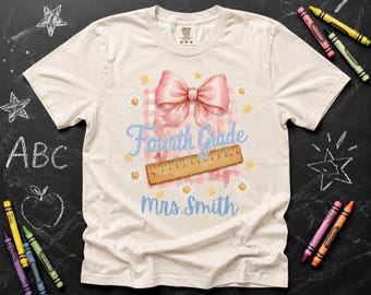 Coquette Fourth Grade Teacher PNG, Pink Bow Gingham Back to School Shirt Design, Editable Teacher Name, First Day of School Sublimation DTF