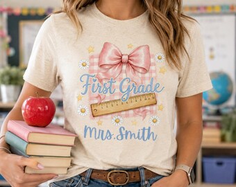 Coquette First Grade Teacher PNG, Pink Bow Gingham Back to School Shirt Design, Editable Teacher Name, First Day of School Sublimation DTF