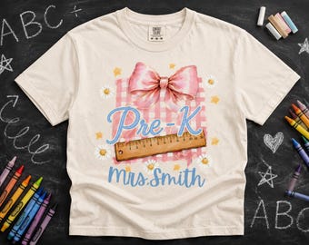 Coquette Pre-K Teacher PNG, Pink Bow Gingham Back to School Shirt Design, Editable Teacher Name, First Day of School Sublimation DTF