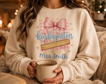 Coquette Kindergarten Teacher PNG, Pink Bow Gingham Back to School Shirt Design, Editable Teacher Name, First Day of School Sublimation DTF