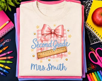 Coquette Second Grade Teacher PNG, Pink Bow Gingham Back to School Shirt Design, Editable Teacher Name, First Day of School Sublimation DTF