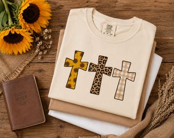 Cross Trio PNG, Sunflower Leopard Gingham Cross Design, Faith Based Sublimation PNG, Christian Shirt Design, Religious PNG, Digital Download