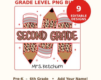 Editable Teacher Shirt PNG Bundle, Personalized Leopard Grade Level Template Pre-K to 6th, Custom Teacher Name, Back to School Sublimation