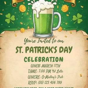 Puede incluir: Invitación para el Día de San Patricio con una jarra de cerveza verde, tréboles y monedas de oro. El texto anuncia un "Shamrock Shindig" el 17 de marzo en el pub O'Malley's.