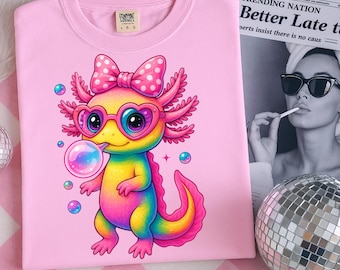 Coquette Axolotl Bubblegum T-shirt Design, Holografisk PNG, Sublimeringsdesigner för PNG, Omedelbar Digital Nedladdning