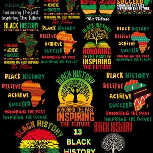 May include: A digital art design featuring multiple "Black History" graphics. The designs include the African continent, trees, and open books, with text such as "Believe, Achieve, Succeed" and "Honouring the Past, Inspiring the Future."