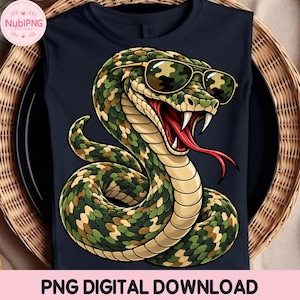 May include: A dark navy sleeveless shirt featuring a graphic illustration of a coiled snake with camouflage-patterned scales and matching camouflage-patterned sunglasses. The snake has an open mouth with visible fangs and a long red forked tongue.