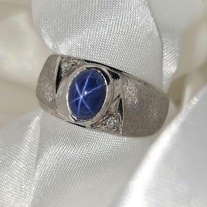 Estate Vintage Brushed 10k Solid White Gold Star Sapphire and Diamond Trubrite Ring, Size 9.5