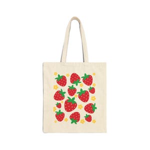 Strawberry Print Cotton Canvas Tote Bag, Eco-Friendly Shopping Bag, Reusable Grocery Tote, Cute Beach Bag, Ideal Gift for Strawberry Lovers