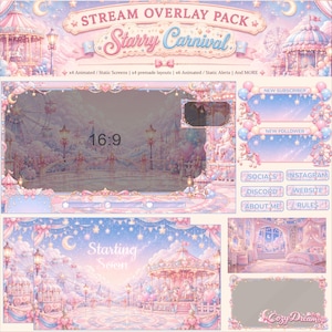 Puede incluir: Un paquete de superposiciones para streaming titulado Starry Carnival con una paleta de colores rosa y azul pastel, con motivos de carrusel, noria y estrellas. Incluye marcos de pantalla 16:9, alertas y botones de redes sociales.