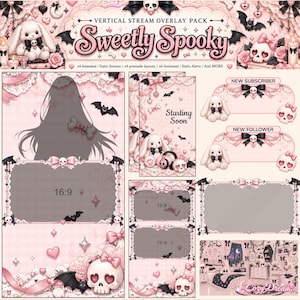 May include: A vertical stream overlay pack titled Sweetly Spooky featuring a pastel pink and black theme with illustrations of skulls, bows, bats, and plush rabbits. The set includes various frames, alert boxes, and screen layouts for streaming.
