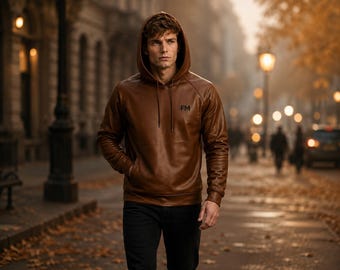 Jaqueta masculina com capuz em couro legítimo, marrom conhaque, estilo streetwear.