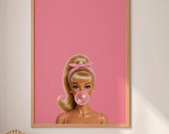 Pink Bubble Gum Doll Print, Fashion Doll Wall Art, Girly Bedroom Decor