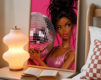 Fashion Doll Disco Ball Wall Art, Pink Glam Bedroom Decor, Black Girl Art