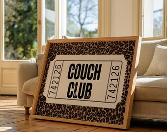 Couch Club Ticket Print, Retro Leopard Living Room Decor (Digital Download)