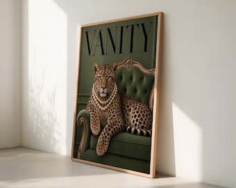 Green Vanity Leopard Wall Art, Emerald Luxury Animal Print, Pearl Necklace Leopard Decor Download
