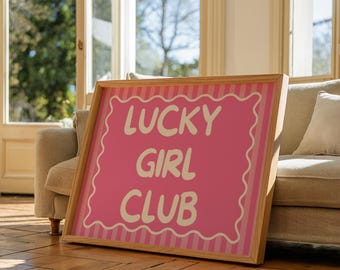 Lucky Girl Club Pink Preppy Typography Poster (Printable Wall Art)