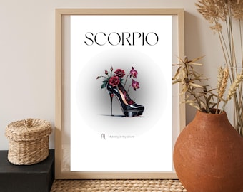 Impresión de moda del zodiaco Escorpio: Arte astrológico con tacones florales (Descarga digital)