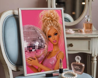 Fashion Doll Disco Ball Print, Glam Pink Bedroom Decor, Beauty Room Art (Digital Download)