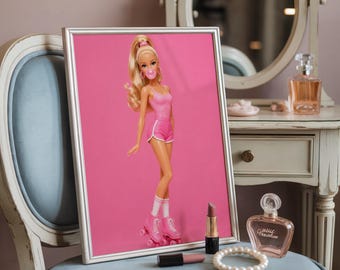 Pink Roller Skate Doll Art, girly Bedroom Poster, Bubble Gum Girl Print (Digital Download)