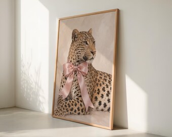 Arte de parede com estampa de leopardo e laço rosa, download digital imprimível de animal coquete