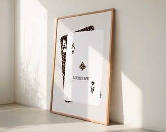 Arte de parede com cartas de baralho Lucky Me, pôster imprimível de leopardo para download.