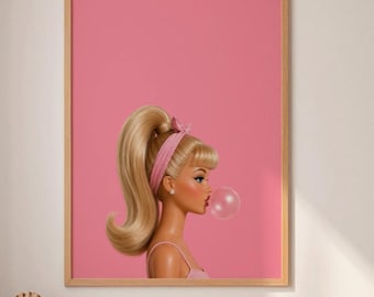 Bubble Gum Doll Side Profile Print, Pink Fashion Wall Art Download
