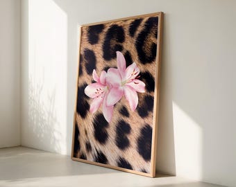 Arte de parede com estampa de leopardo e lírio rosa, decoração feminina para quarto, download digital.