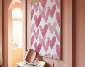 Arte de parede com corações rosa, decoração de quarto estilo preppy para imprimir em formato digital.