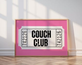 Pink Couch Club Ticket Art Print, Retro Living Room Decor (Digital Download)