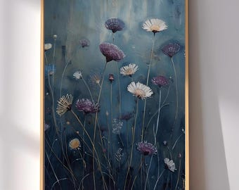 Dark Floral Wildflower Print, Moody Vintage Oil Painting, Botanical Wall Art for Cottagecore Decor