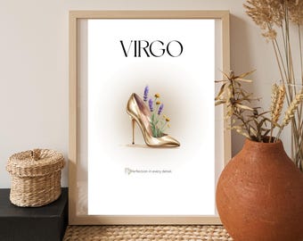 Impresión de moda del zodiaco Virgo: Arte astrológico floral y con tacones (Descarga digital)