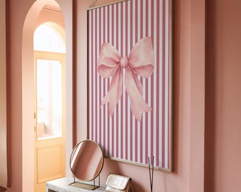 Arte de parede com laço rosa, download digital imprimível da coleção Coquette com listras rosa