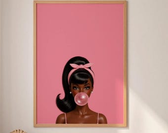 Black Doll Bubble Gum Print, Pink Fashion Wall Art Digital Download