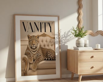 Vanity Leopard Wall Art, Luxury Animal Print, Pearl Necklace Leopard Decor
