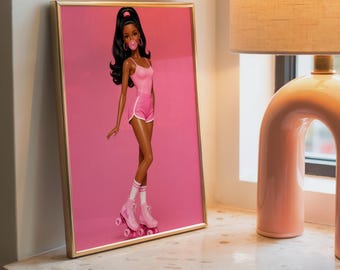 Black Roller Skate Fashion Doll Wall Art, Pink Bedroom, Bubble Gum Girl Poster