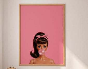 Retro Brunette Doll Print, Pink Bubble Gum Wall Art Download