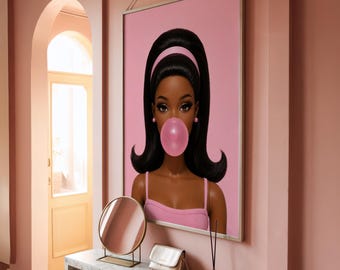 Decoración de pared con muñecas negras, póster de chicle rosa, decoración para habitaciones de belleza.