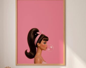 Retro Brunette Doll Print, Pink Bubble Gum Wall Art Download