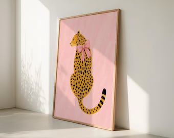 Impressão artística de leopardo rosa, detalhe de laço, estilo coquete, decoração fashion (download digital)