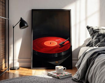 Red Vinyl Record Wall Art Print | Retro Vintage Oil Painting Music Poster