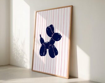 Arte de parede com cachorro de balão, estilo preppy, listras rosa e azul marinho, download digital para impressão.