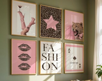 Pink Leopard Wall Art Set of 6, Coquette Fashion Prints, Trendy Bedroom Decor